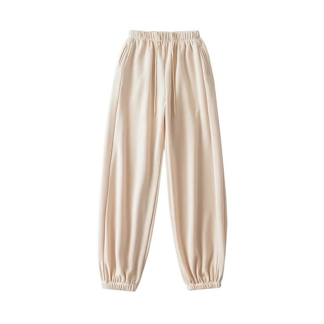 LOVZFMLL Women's Pants, Fall/Winter Drawstring Elastic Waist Loose Cuffed Thick Pants Beige, M