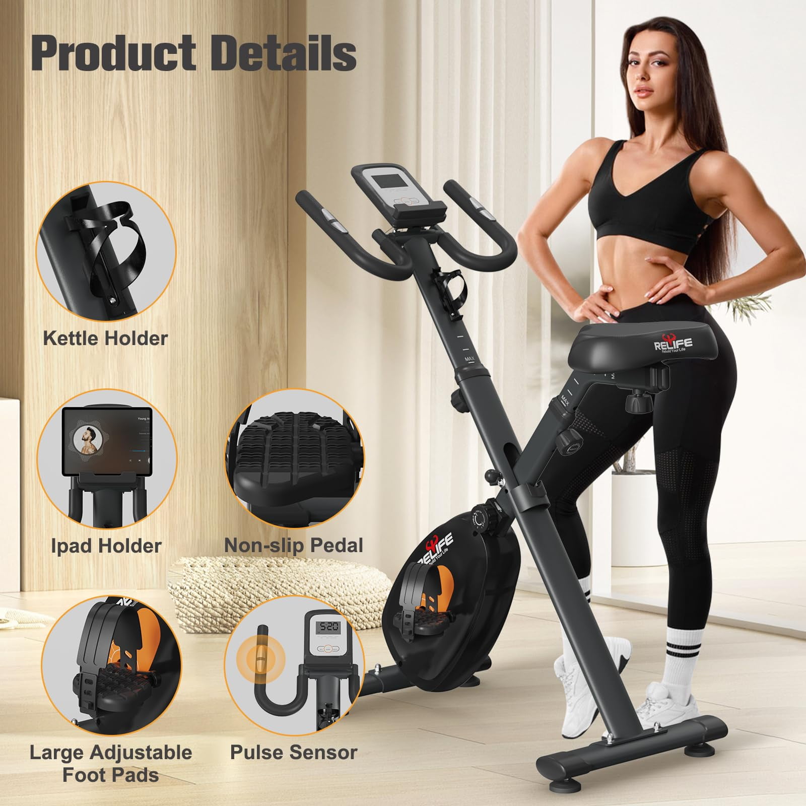 Relife Home Gym Sports Upright Exercise Bike Foldable Workout Weight Loss Cycle Black Walmart