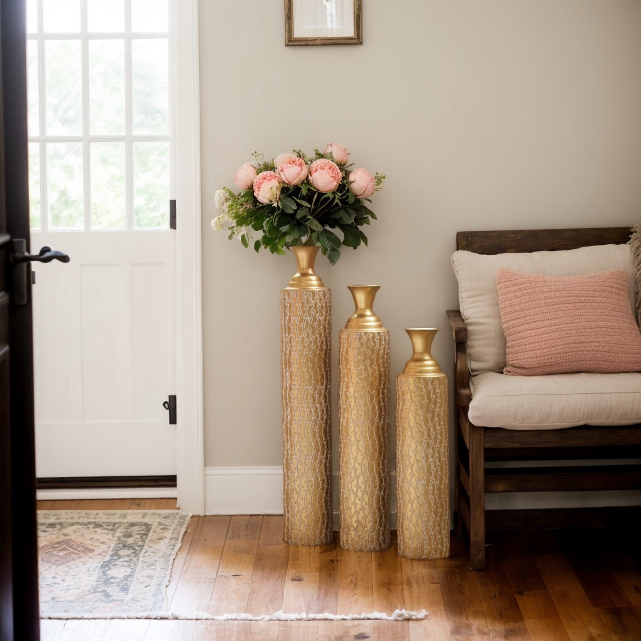 Noble House 3-Piece 33.86", 29.53", 24.8" Metal Floor Vases, Distressed Vine Pattern, Antique Gold