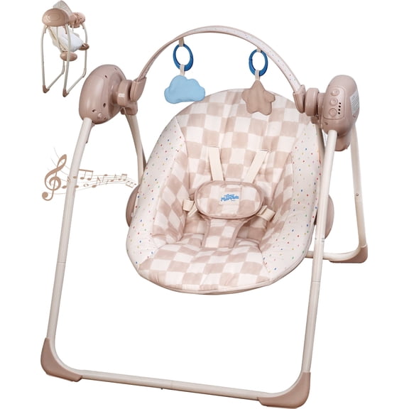 Tiny Marvels Deluxe Cozy Portable Baby Swings for Infants,Adaptable Speed,Music,Removable-Toy-Bar,Age 0-9 Months(Sand Checker)
