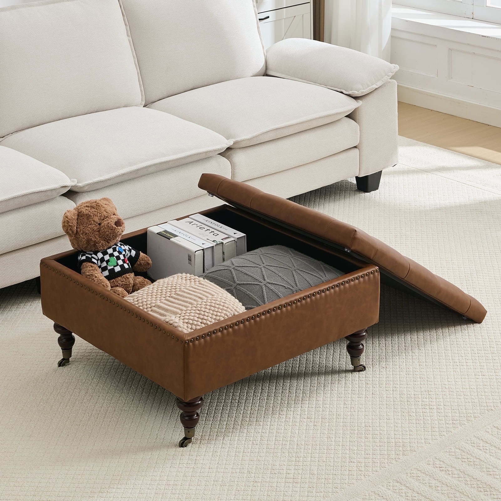 BRILHAMEZ Storage Ottoman Bench, Tufted Upholstered Seat with Hidden Storage, Multi-Functional Coffee Table and Foot Rest for Living Room, Brown