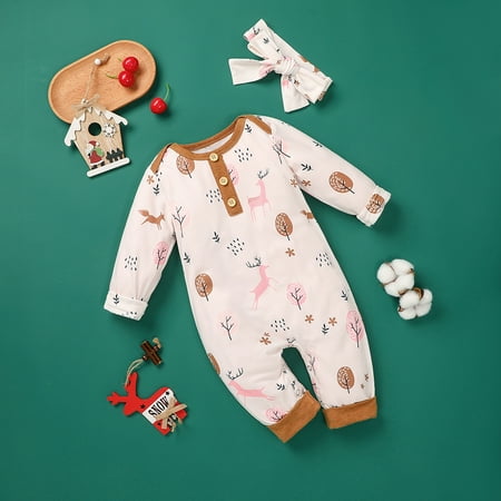 

Yubatuo Newborn Infant Baby Boys Girls Christmas Deer Print Romper Jumpsuit+Headbands White 100