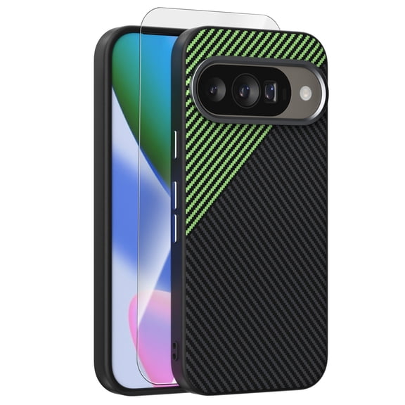 Dteck Magnetic Case with Tempered Glass Screen Protector for Google Pixel 10 /10 Pro,Shockproof Carbon Fiber Texture PC TPU Case Compatible with Mag Safe Back Cover for Google Pixel 10 /10 Pro ,Green