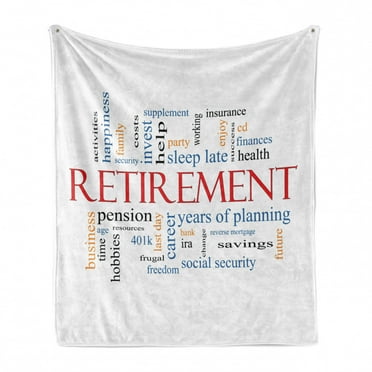 Retirement Party Soft Flannel Fleece Blanket, Word Cloud Concept Retirement Theme with Security Pension Savings Future, Cozy Plush for Indoor and Outdoor Use, 50" x 70", Multicolor, by Ambesonne