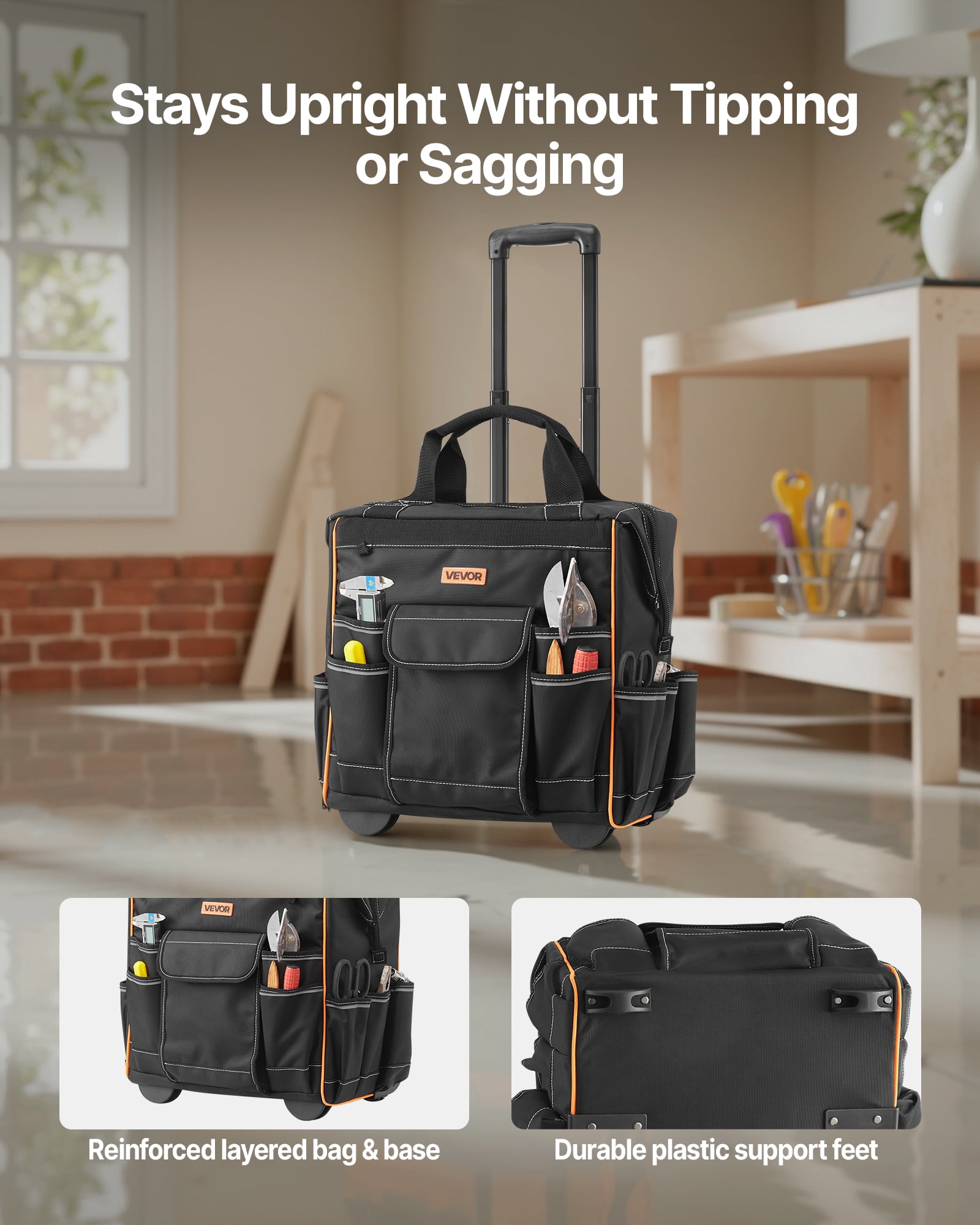 VEVOR Rolling Tool Bag, 110 lbs Load Capacity, 25 Pockets Heavy Duty Roller Tool Bag on Wheels, Adjustable Telescoping Handle & Stable Base, Toolbag Organizers with Wheels for Construction, Mechanic