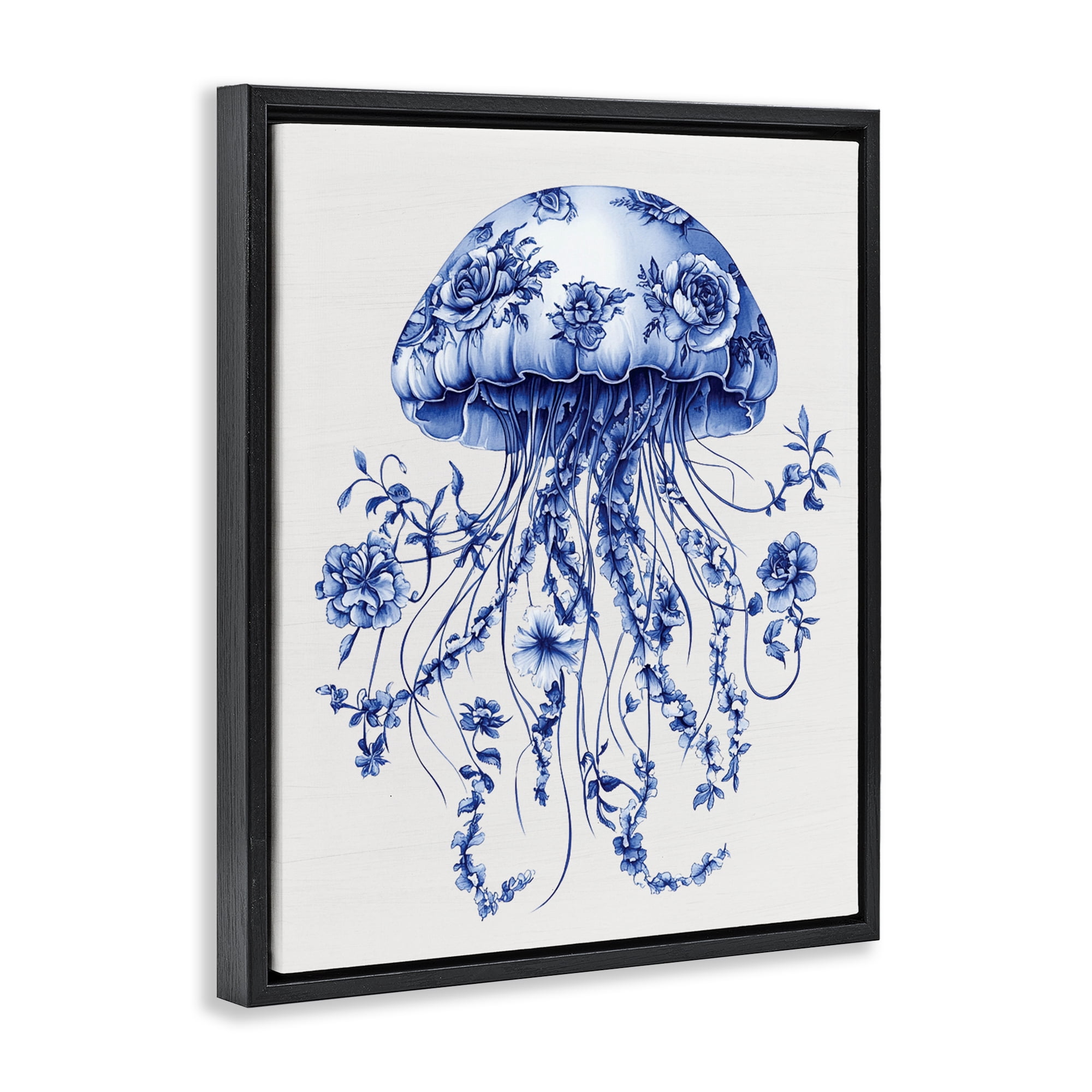 Funky Vintage Toile Jellyfish Black Framed Floater Canvas Wall Art, design by Lettered and Lined