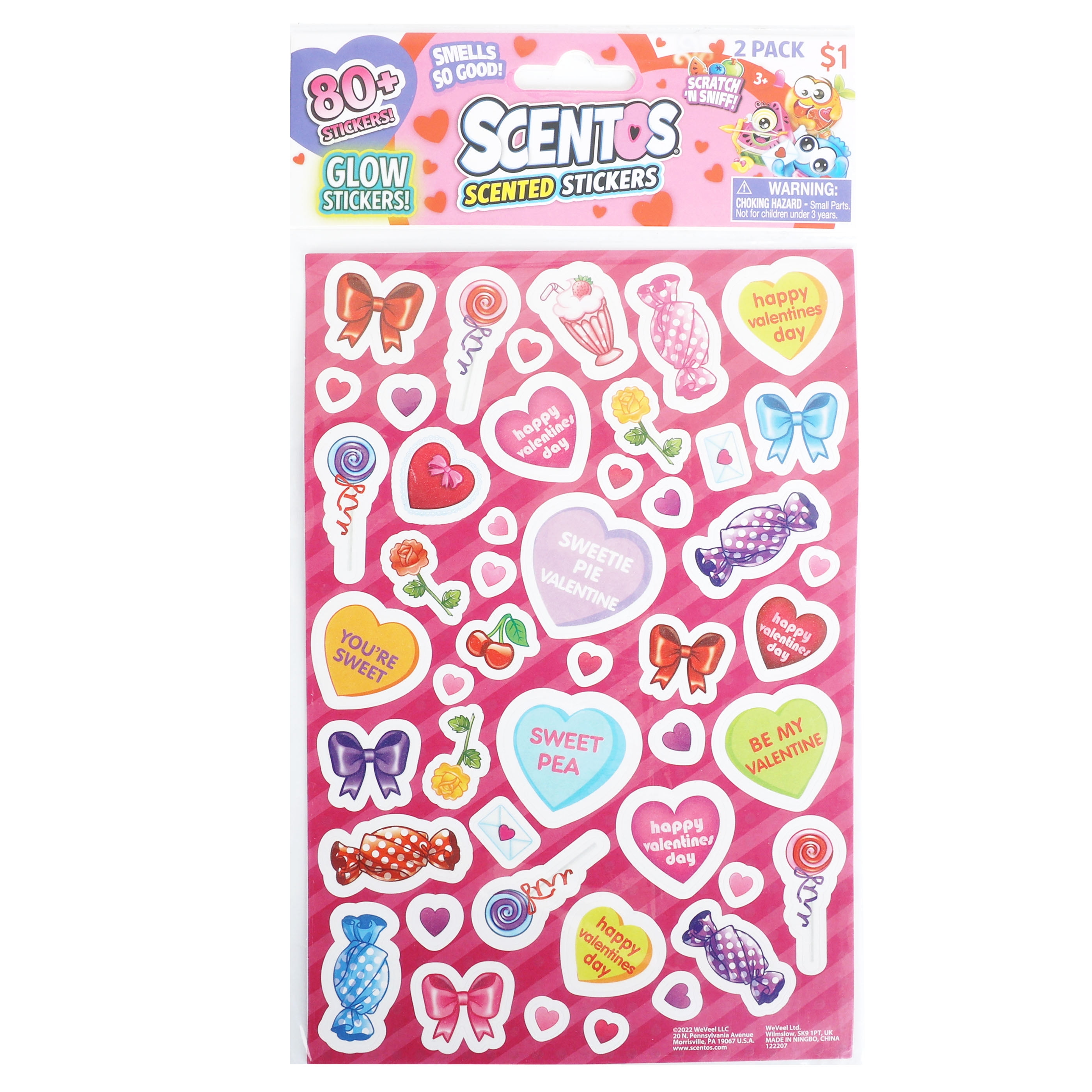 Scentos Valentine's Day 80+ Scented Glow in the Dark Stickers Pink - Ages 3+, Stationery