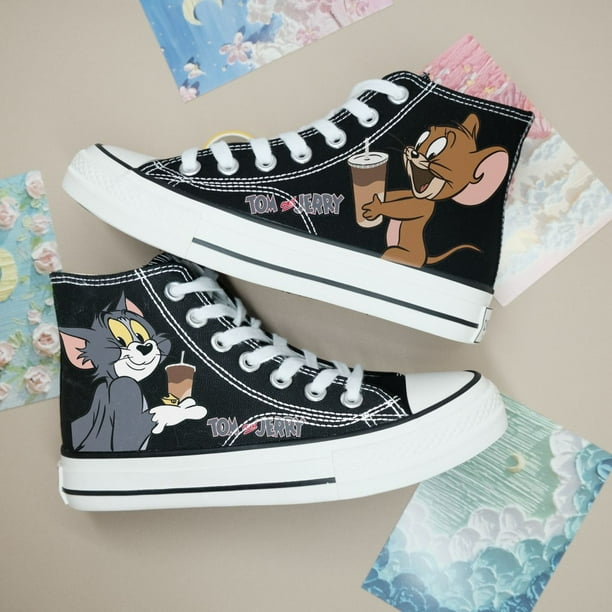 Primavera y otoño Nuevos zapatos de lona de caña alta para hombres de marca compartida Tom y Jerry Zapatos de pareja de estudiantes versátiles de moda de estilo coreano para mujeres ins