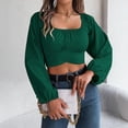 thumbnail image 5 of adaychics Tie Back Long Sleeve Crop Top Square Neck Ruched Lantern Long Sleeve Tie Back Crop Top Blouse for Vacation, 5 of 7