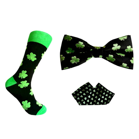 Triple M Plus Novelty St. Patrick's Day Shamrock Pattern Men's Mid-calf Socks with Bowtie and Pocket Square Set In Irish Green with Black Color