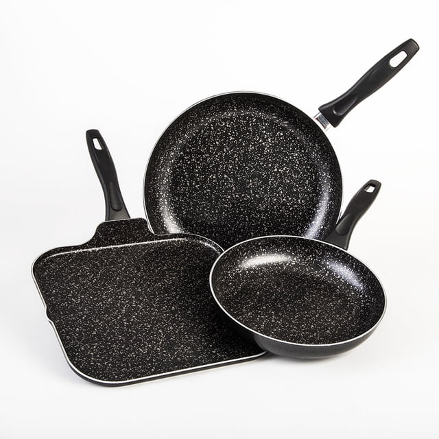 Juego De 2 Sartenes y 1 Comal Cinsa Experta Roca De Aluminio Negro Antiadherente Plus X10