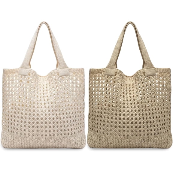 2 Pcs Crochet Beach Tote Bag for Women, Woven Mesh Summer Bag, Small Boho Handbag for Vacation and Travel