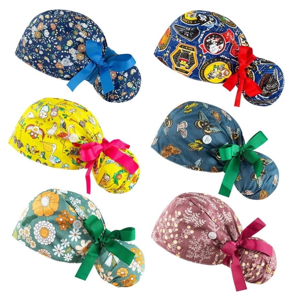 6-Pack Scrub Caps for Women with Ponytail Hole, Moisture-Wicking & Adjustable Bouffant Hats for Nursing, Spa, and Fitness