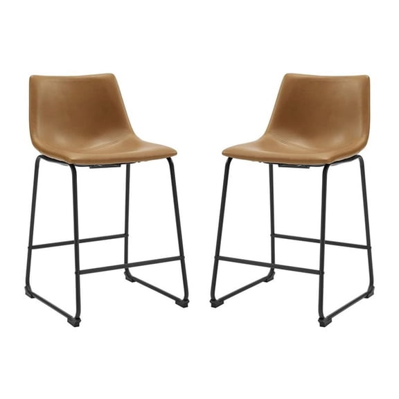 Pemberly Row 24.5'' Contemporary Faux Leather Counter Stool in Brown (Set of 2)