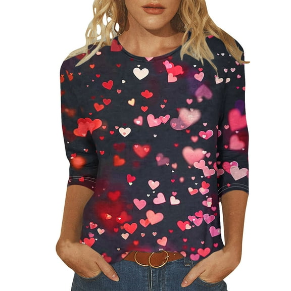 BangWanChi Valentines Shirts for Women 2025 Women's Fashion Tees Casual Crewneck 3/4 Sleeve Loose T Shirt Ladies Tops Blouses Shirts