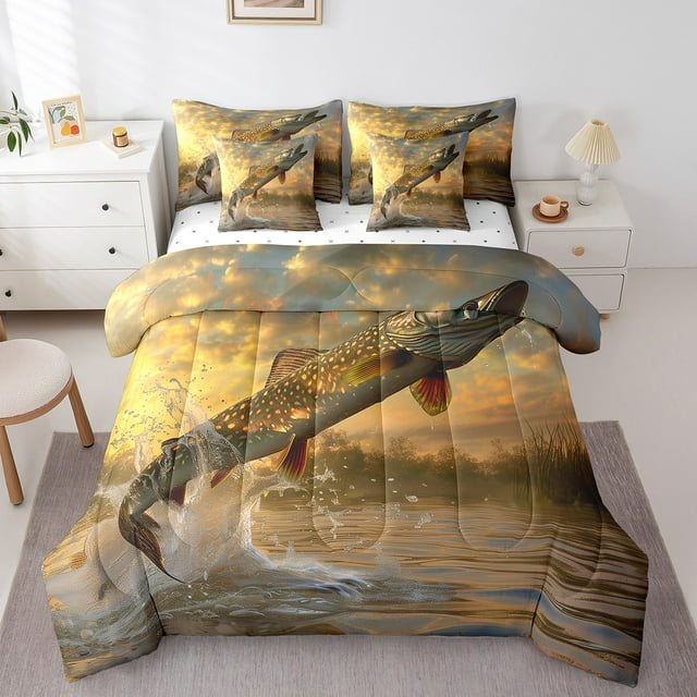 YST Fish 7Pcs Comforter Sets Queen Size, Hunting Fish Bed in a Bag, Polyester Comforter Set