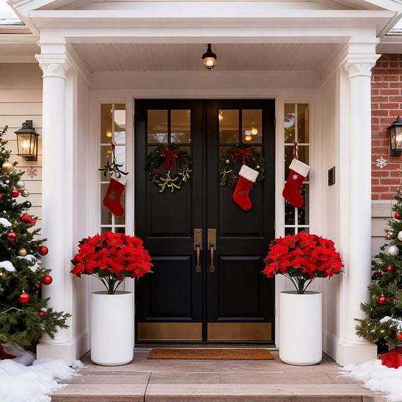 Lighted Poinsettia Topiary Tree, 27" Artificial Christmas Tree with 100 LED Lights, Indoor Outdoor Holiday Decoration