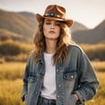 thumbnail image 5 of Qwertyu Western Cowboy Hat for Men Women Classic Roll Up Fedora Hat Cowgirl Cap with Buckle Belt Brown, 5 of 6