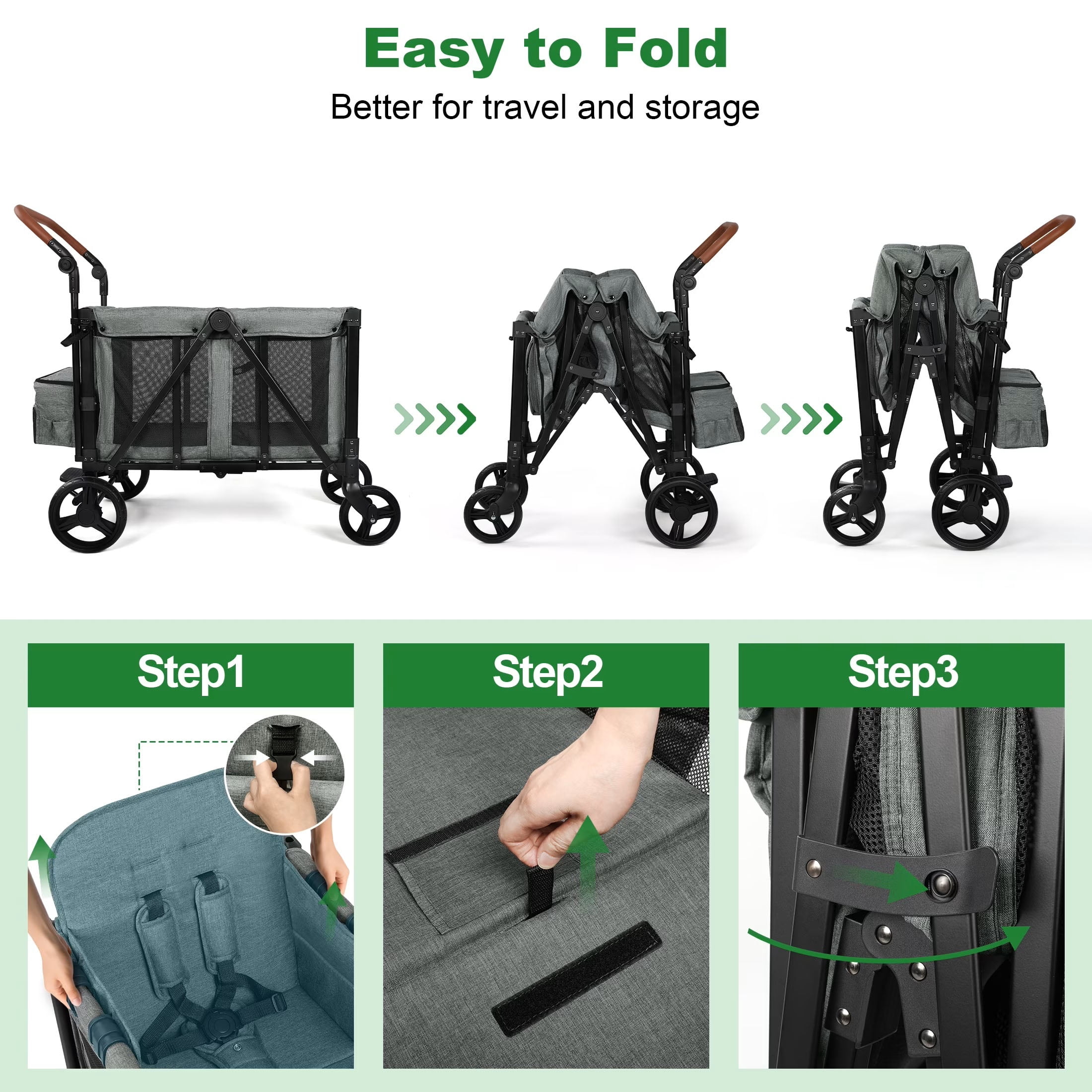Vomeast Wagon Stroller for 2 Kids, 3-in-1 Outdoor Baby Stroller Wagon with Canopy, 5-Point Harness, Adjustable Handlebars, Removable Seat for Toddlers, Grey