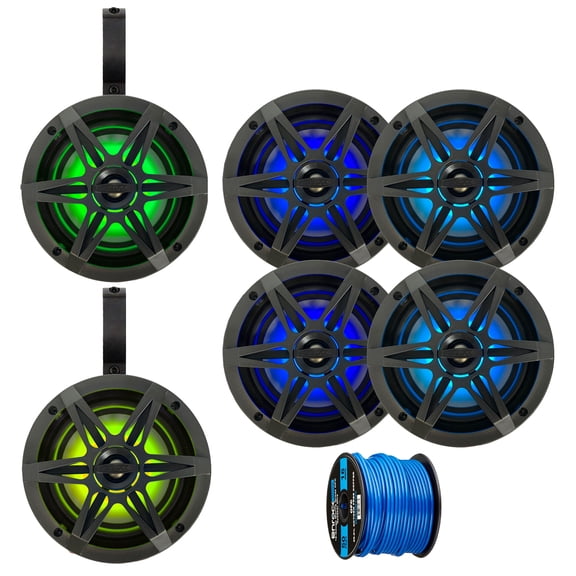 3 Pairs (QTY 6) of Enrock 6.5" 120 Watt Peak Power 2-Way Marine Audio Charcoal Boat Speakers with MultiColor RGB LED Lighting, 2x 6.5" Black Unloaded Speaker Pods, 50ft Wire