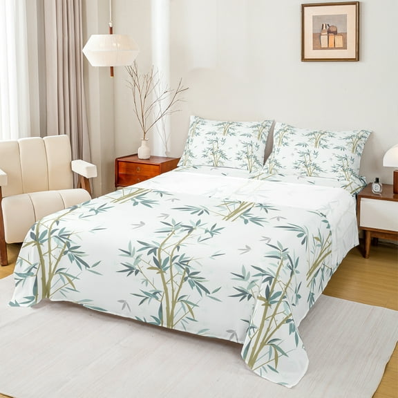 Manfei Plant Botanical Twin Sheet Sets, Grey Green Leaf Twin Fitted Sheet, Teens Kids Adult Men Women Flat Sheet, Luxury Bedroom Decor, 3-Piece