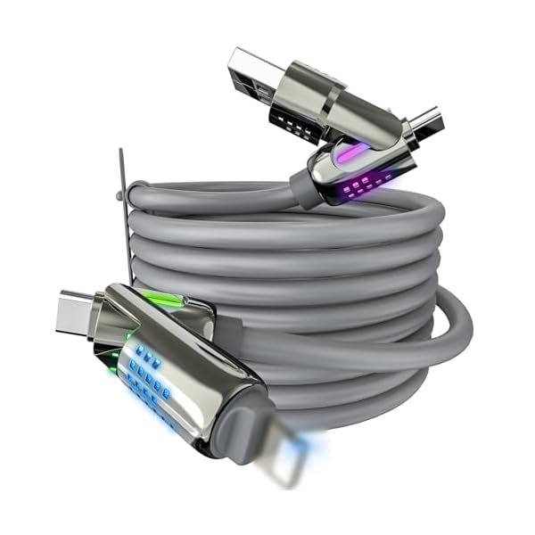 wonima11 4 in 1 Charging Cable (6.6FT), MAX 240W Chubby Multi USB C Charging Cable with Light, USB to USB C Fast Charging Cables for Multiple Devices, iPhone 16 15 14 Pro Max/MacBook/iPad Pro, Grey