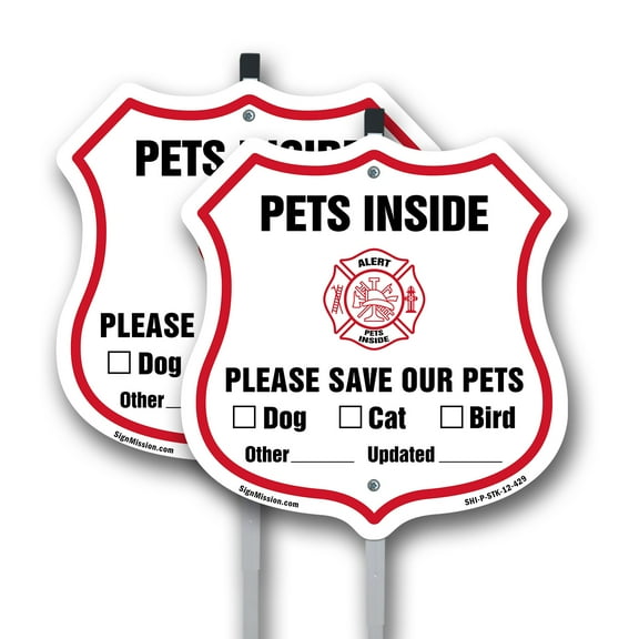 Pets Inside Shield Sign Alert Please Save Our Pets (2 Pack) 12 inch X 12 inch Shield Shaped Rust-Free Aluminum Metal Signs with Aluminum Mounting Stakes Weather Resistant, UV Protected