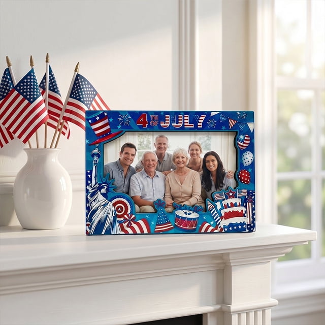 ZZkhGO Patriotic Wooden Photo Frame, Independence Day Star Flag Picture Frame for 4x6 Photos, Tabletop Wall-Mounted Decor, Rustic Wooden Frame with Easy-Open Back