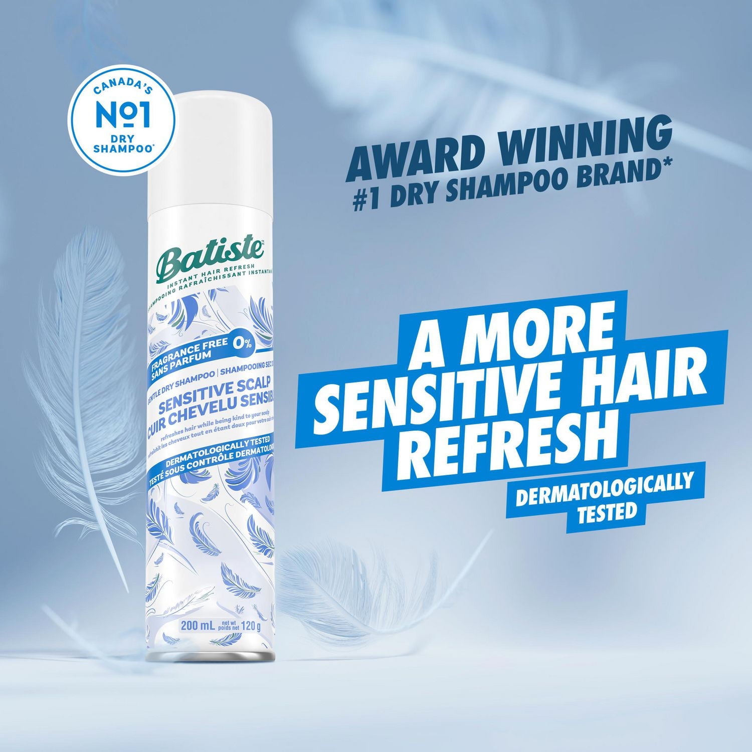 Batiste Dry Shampoo Spray Sensitive Scalp Unscented, Refresh Hair and Absorb Oil, Waterless Shampoo for Added Hair Texture and Volume, Paraben & Sulfate Free, Dermatologically Tested, 200ml, This lightweight formula is developed and suitable for sensitive scalp
