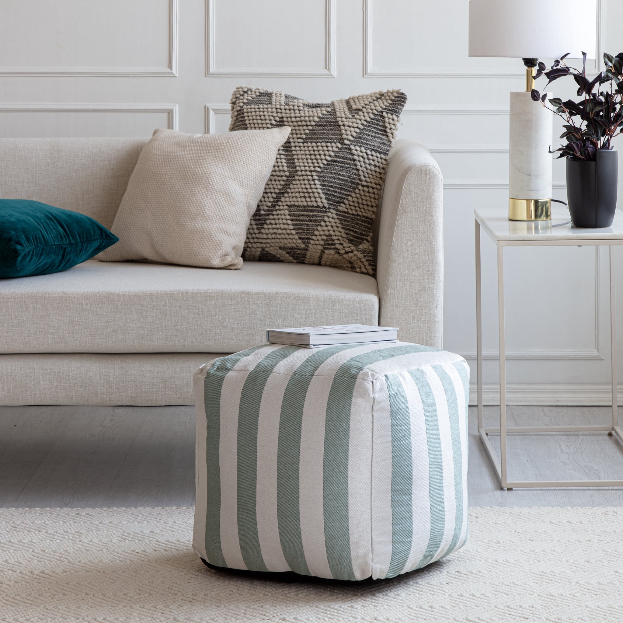 Cape May Teal 18" x 18" x 18" Teal & Ivory Pouf