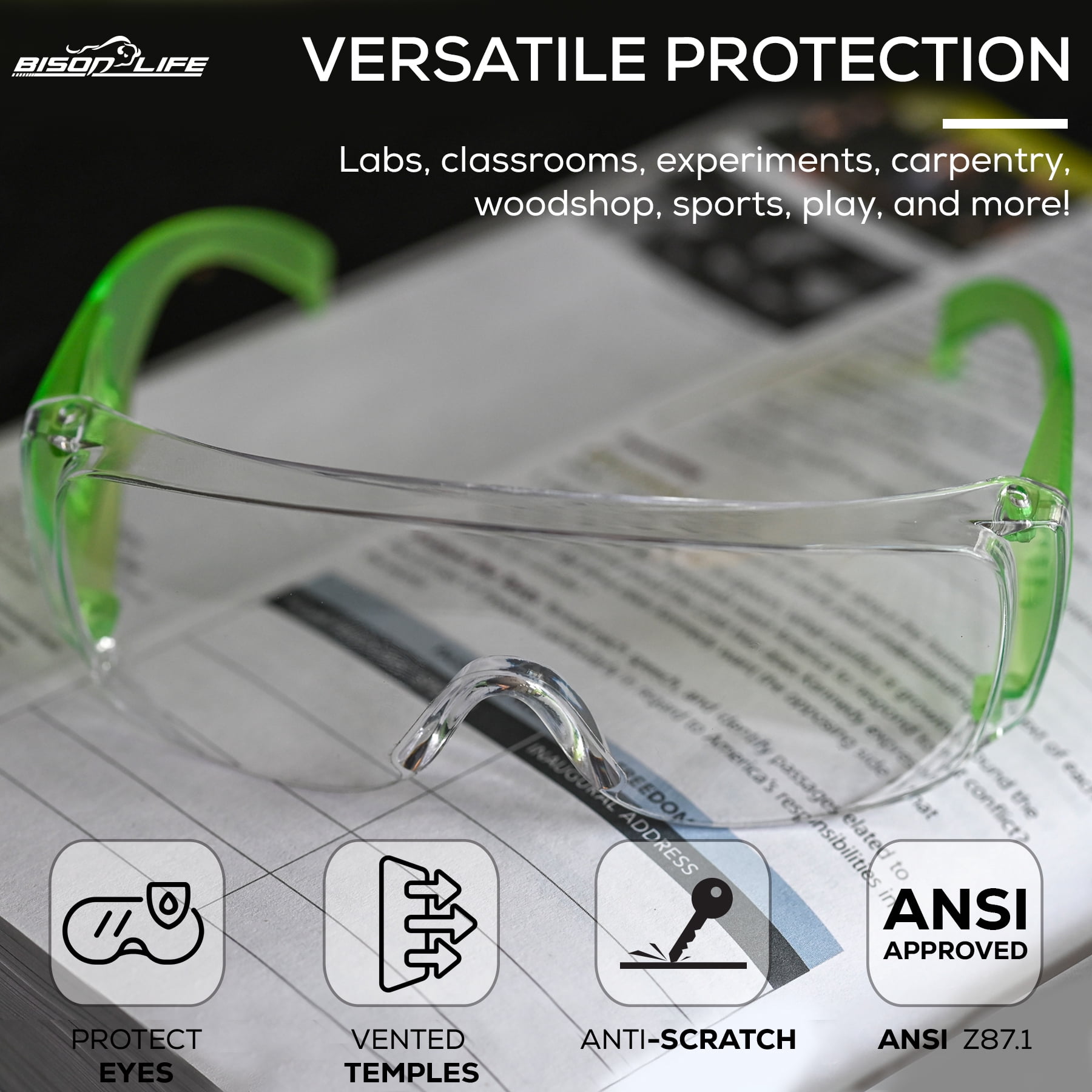 BISON LIFE Diamont Kids Over Glass Safety Glasses, 6 Pack, ANSI Z87.1, Youth Protective Goggles, Red, Green & Blue Temples