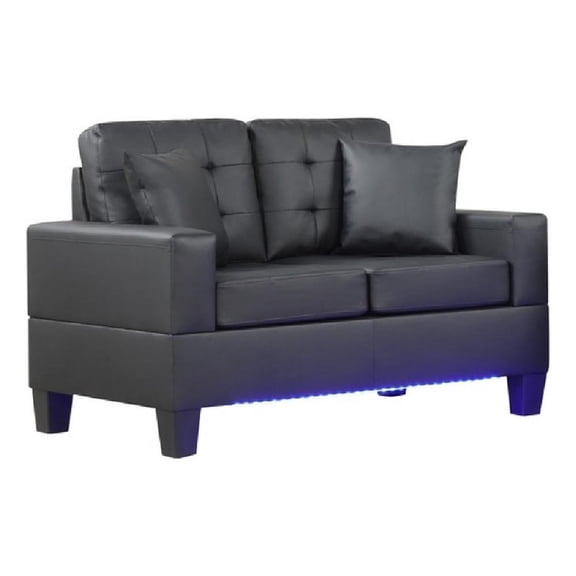 Iris Loveseat w 2 Pillows- LED- USB Ports- Black Faux Leather- 56 Inch