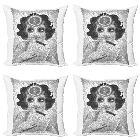 Retro Throw Pillow Cushion Case Pack of 4, Pointillist Design of Pencil Drawn Curly Haired Girl Holding Her Tablet, Modern Accent Double-Sided Print, 4 Sizes, Black Grey and White, by Ambesonne