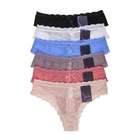 Sexy Sheer Thong Panties - 6 Pack of Sexy Sheer Floral Lace Thong Panties Low-Rise Underwear w/ Lined Gusset