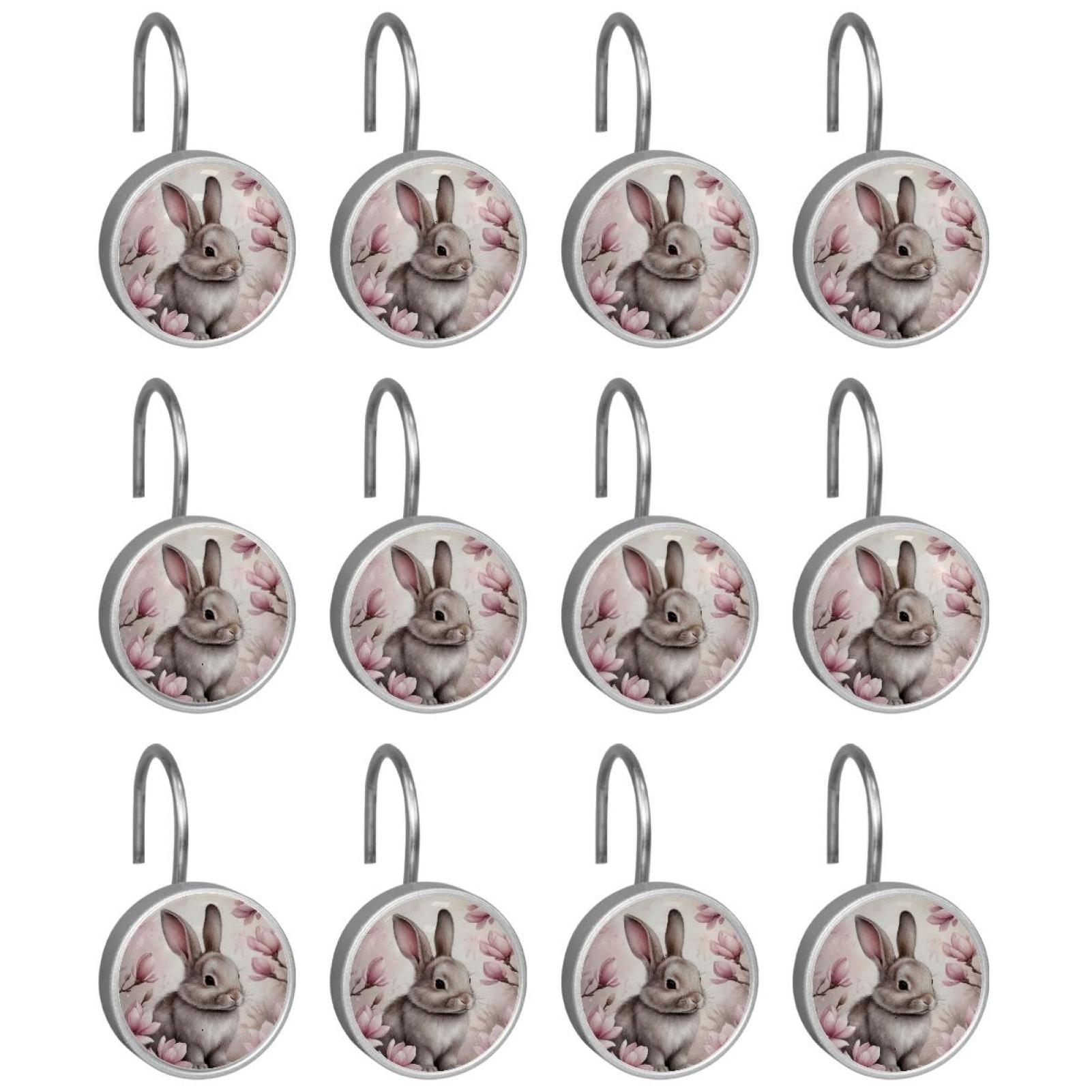 Imobaby 12 Pcs Metal Shower Curtain Hooks Rust Proof for Shower Curtain Liner - Plum Blossom Happy Little Rabbit
