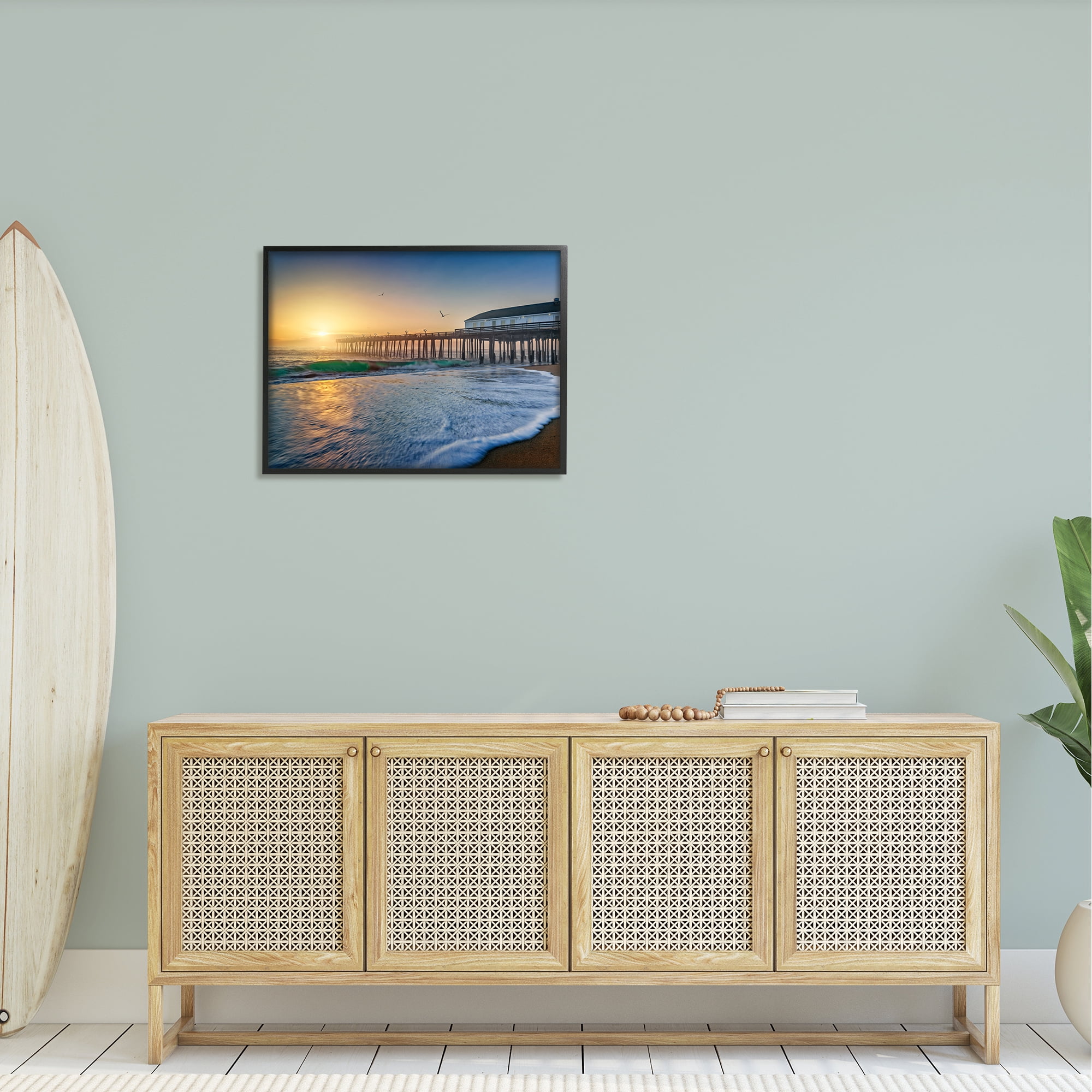 Stupell Sunlit Coastal Pier Ocean Foam Landscape Photography Black Framed Art Print Wall Art