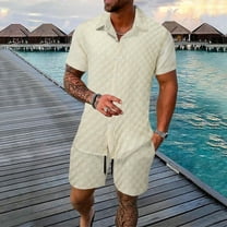 Miluxas Men's 2 Piece Outfits Short Sleeve Button Down Shirts and Casual Shorts Set Summer Outfits Beige XXL(XXL)
