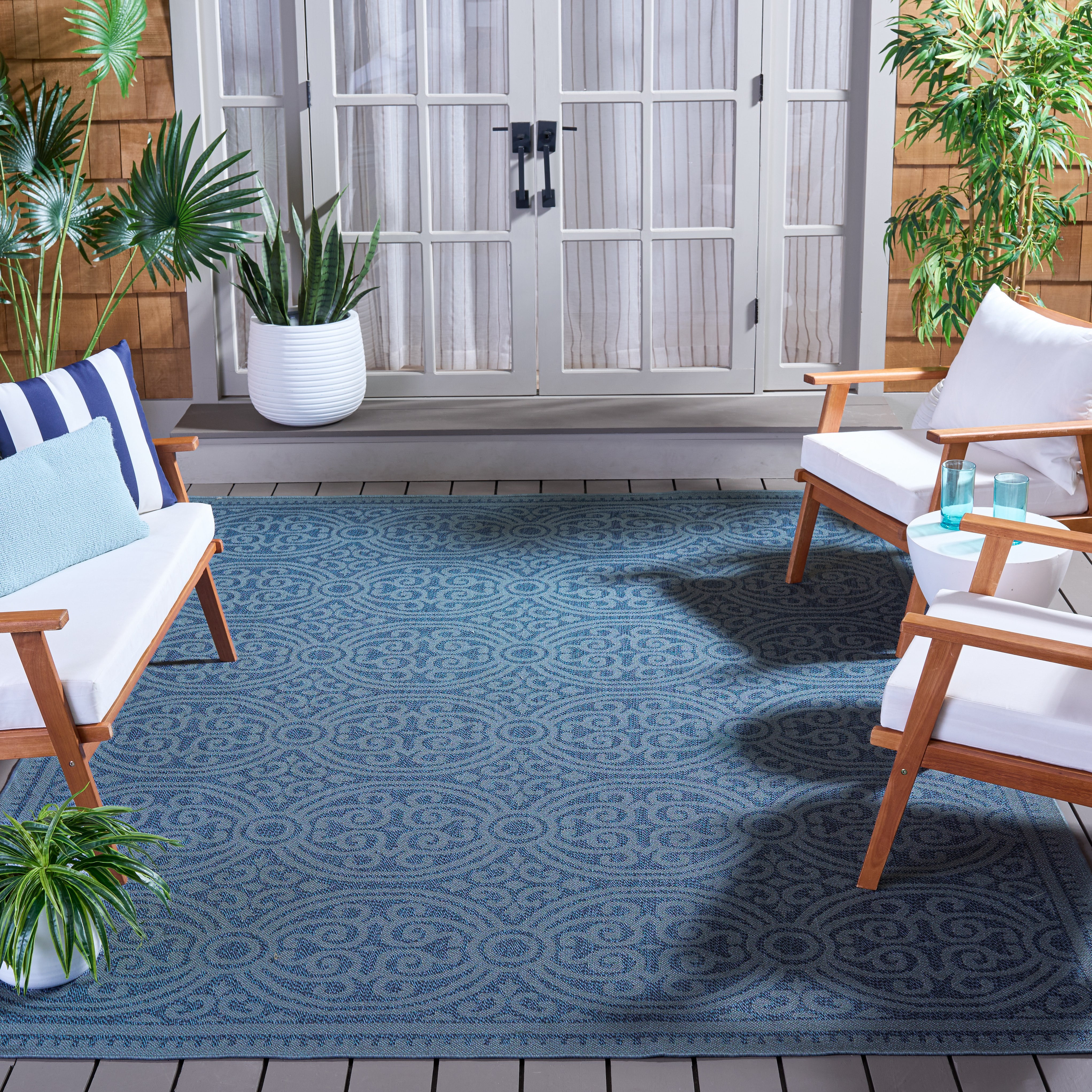 SAFAVIEH Machine Washable Rug Indoor/Outdoor Bermuda Collection - Bermuda Terrance Geometric Indoor/Outdoor Area Rug, Navy, 8' x 10'