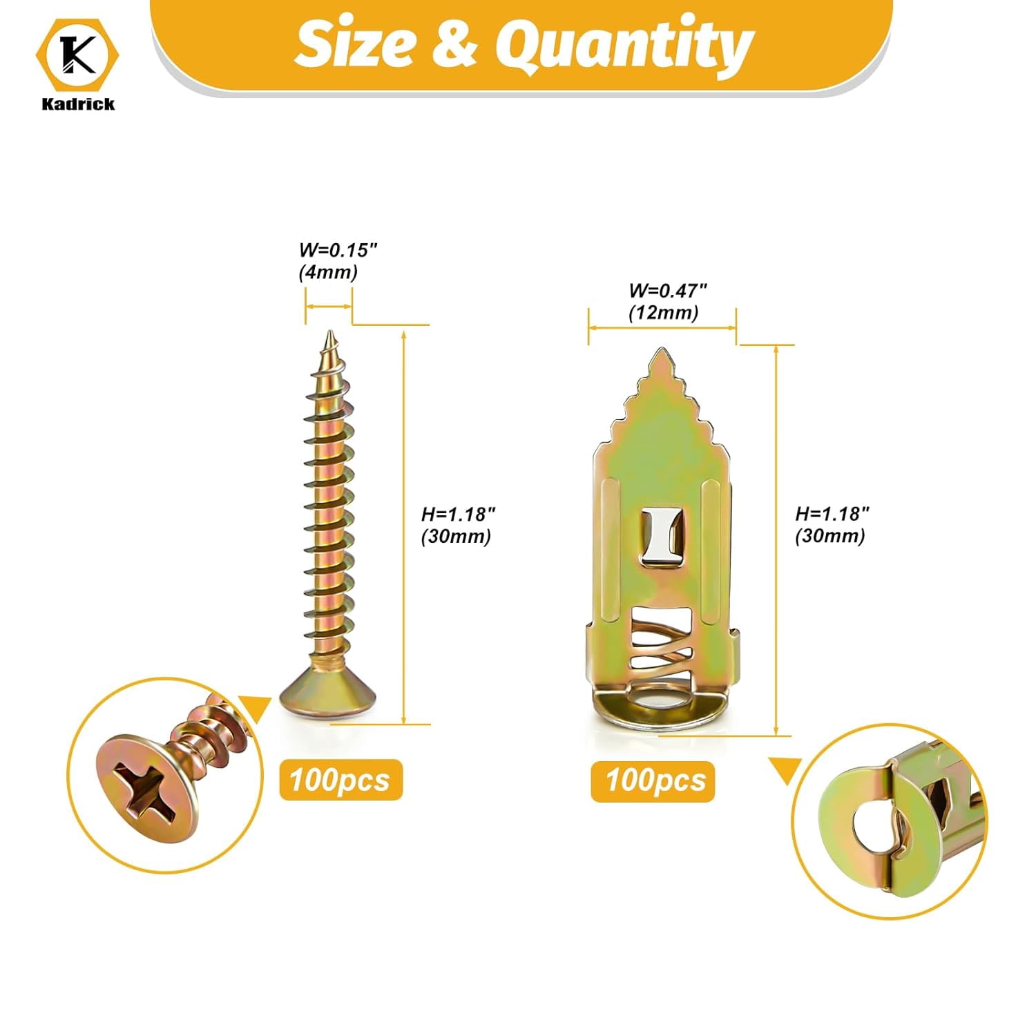 200Pcs Self Drilling Drywall Anchors with Screws，Zinc Plated Steel,2025 Upgraded Hollow Wall Anchors and Screws Kit, Easy Application No Drill or Holes in Wall(100 Anchors and 100 Screws)