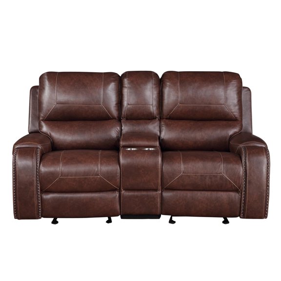 Steve Silver Keily Reclining Faux Leather Loveseat with Console, Cinnamon Brown