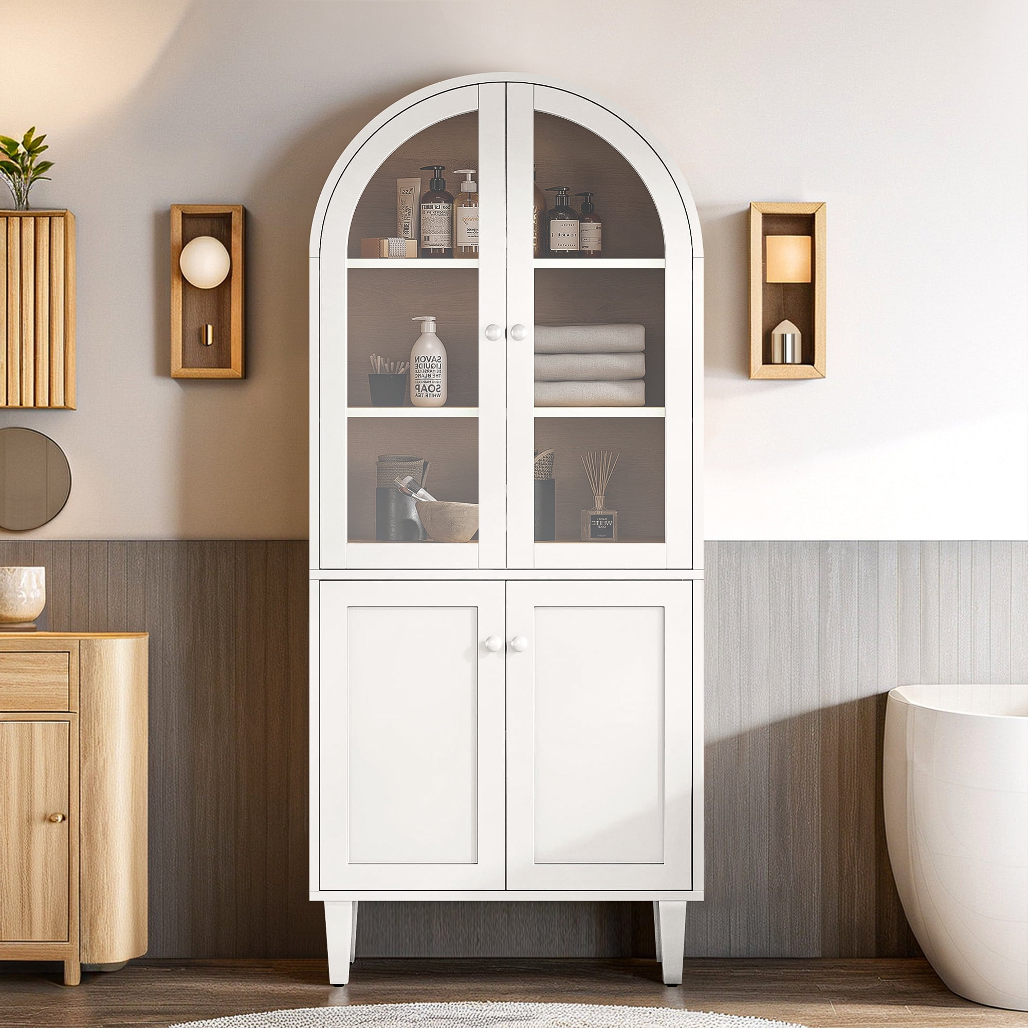 Demi Bonn 5 Tier Arched Bookcase, 68" Tall Wood Display Bookshelf Storage Cabinet Pantry Organizer for Bedroom, Living Room, White