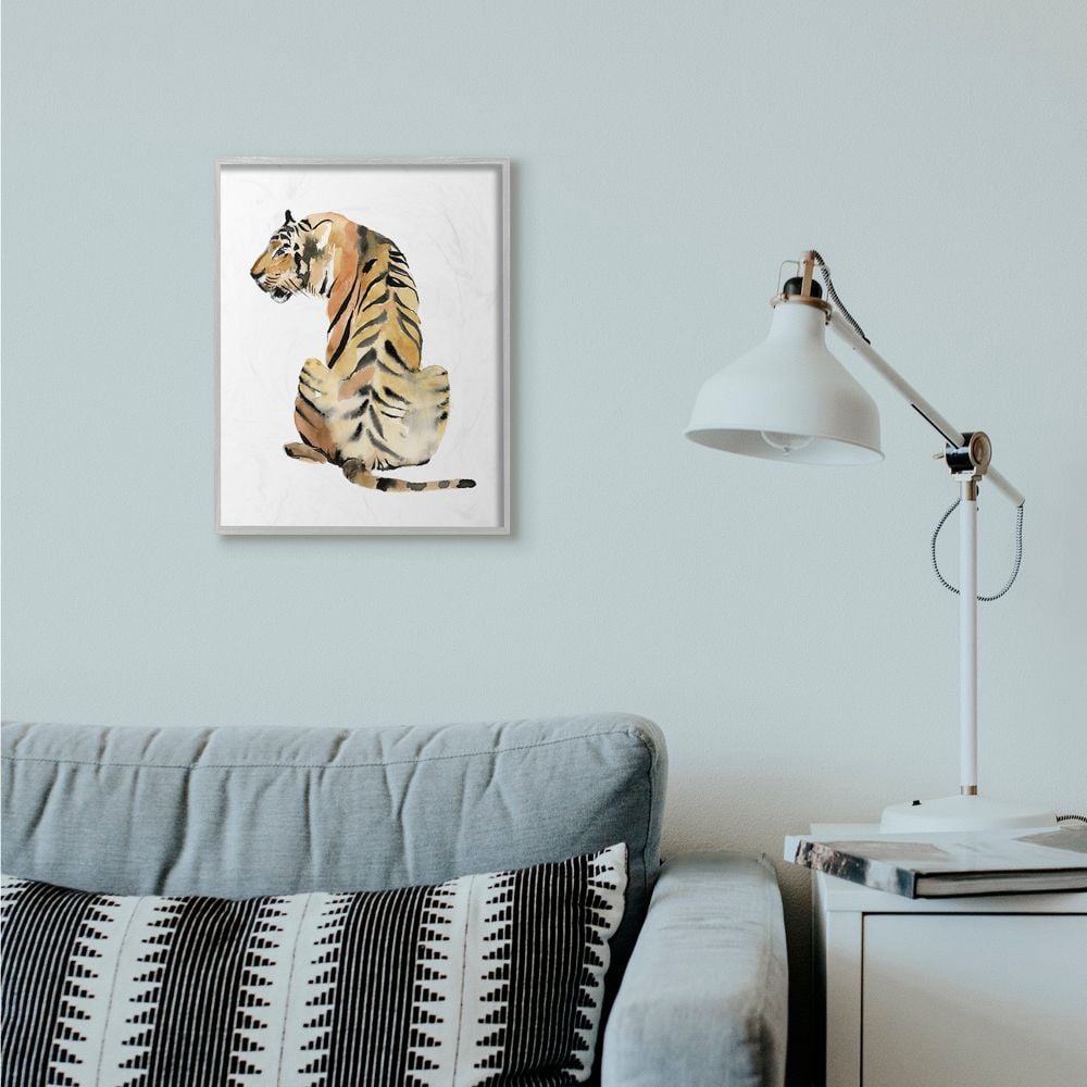 Stupell Industries Tiger Posture Animal Watercolor Painting Gray Framed Wall Art, 16 x 20, byJennifer Goldberger