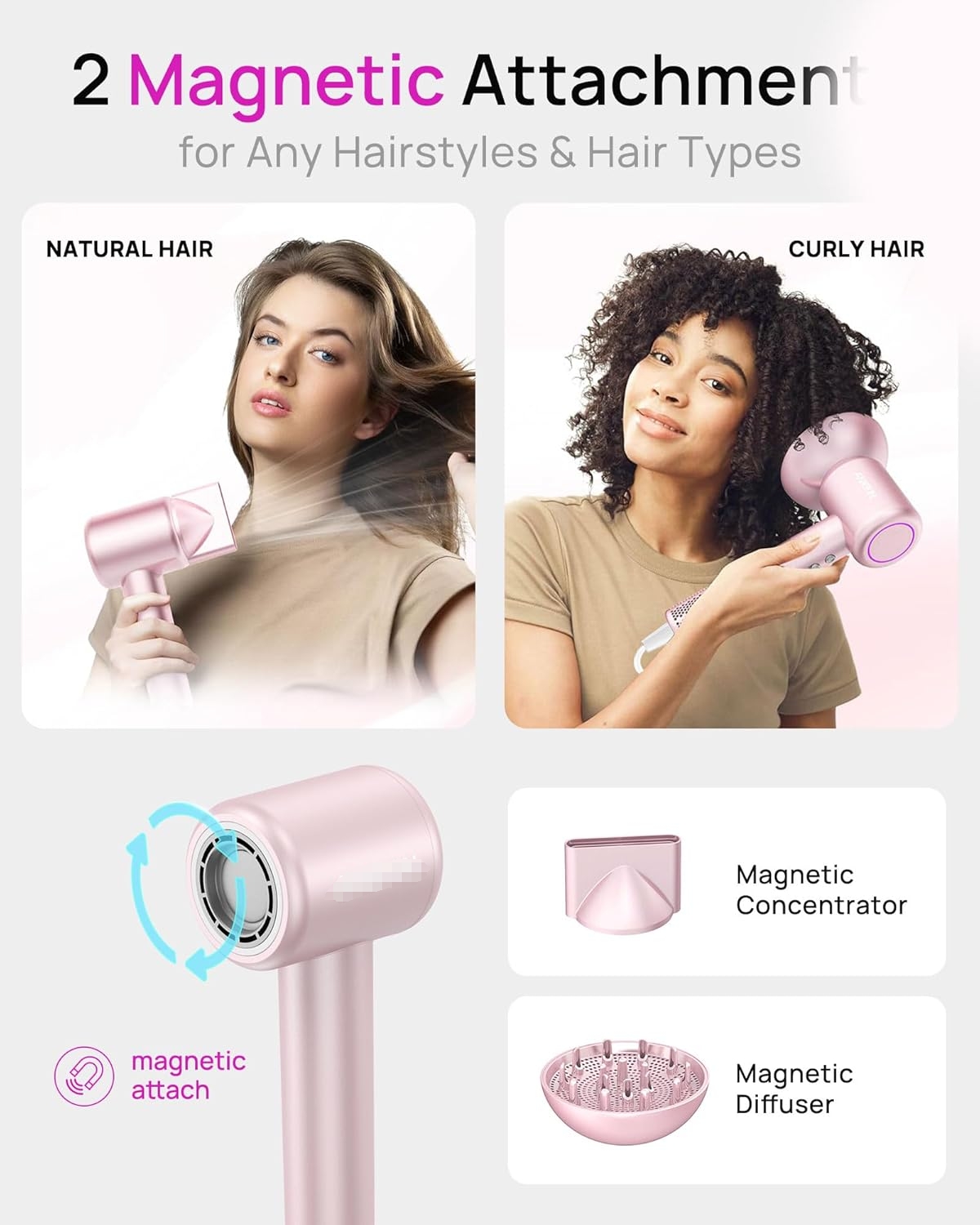 2025 Brushless Motor Hair Dryer - High-Speed Ionic Blow Dryer with Magnetic Diffuser for Curly Hair(Baby Pink)