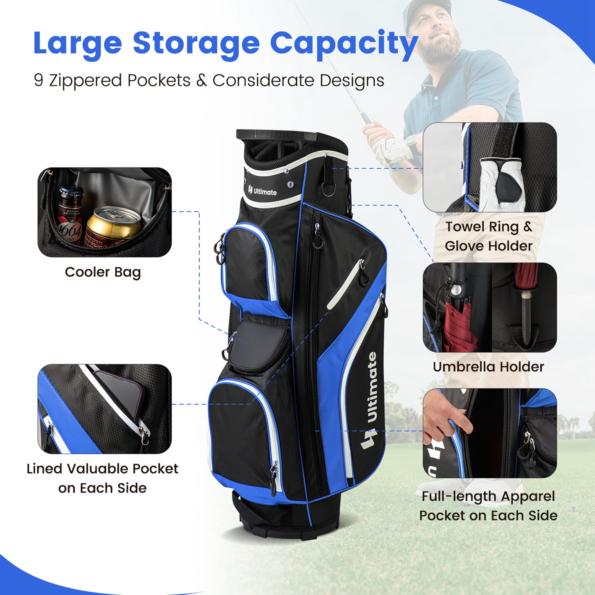 Costway Lightweight Golf Cart Bag with 14 Way Top Dividers 9 Pockets Rain Hood Cooler Bag Blue