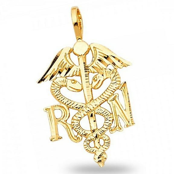 Solid 14k Yellow Gold RN Pendant Symbol Of Medical SERVICE Charm Diamond Cut Genuine 20 x 13 mm