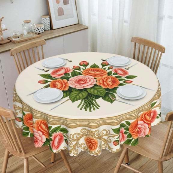 Vintage Floral Rose Bouquet Ornate Round Tablecloth Waterproof Table Cloth Stain and Wrinkle Resistant Washable, Decorative Fabric Table Cover for Dining, Party and Camping