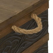 Household Essentials Decorative Trunk, Embossed Metal, Small, Chinese Fir Wood, Darkened Interior, Rope Handles, Flat y Opening Lid, Handmade, Walnut and Almond Stain