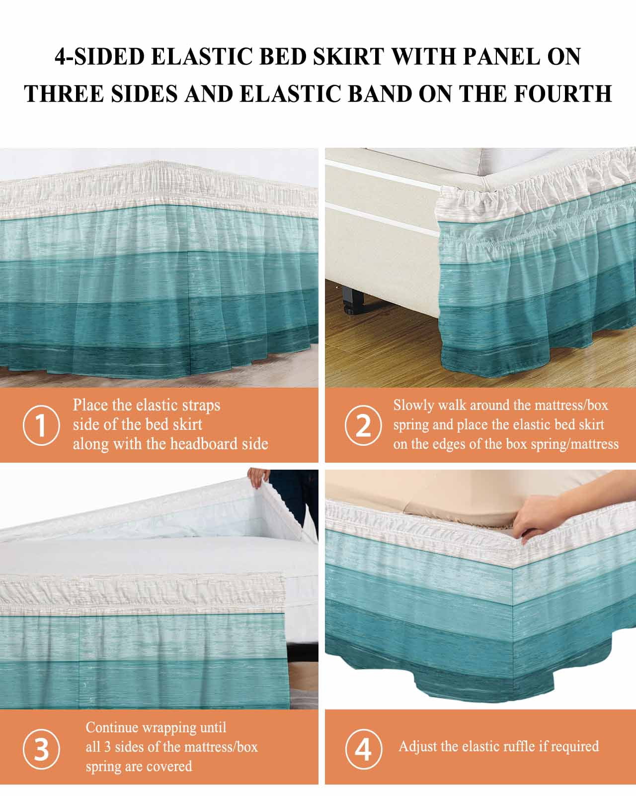 Rustic Stripes Bed Skirt Aqua Gradient Farmhouse Wood Grain Bed Skirts King Size 18 Inch Drop, Wrap Around Dust Ruffle&nbsp;Bedskirt with Adjustable Elastic Belt for Queen Size Beds