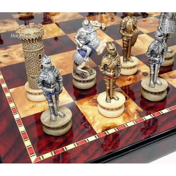 Medieval Times Crusades Gold Silver Armored Knight Chess Set Cherry Color Board