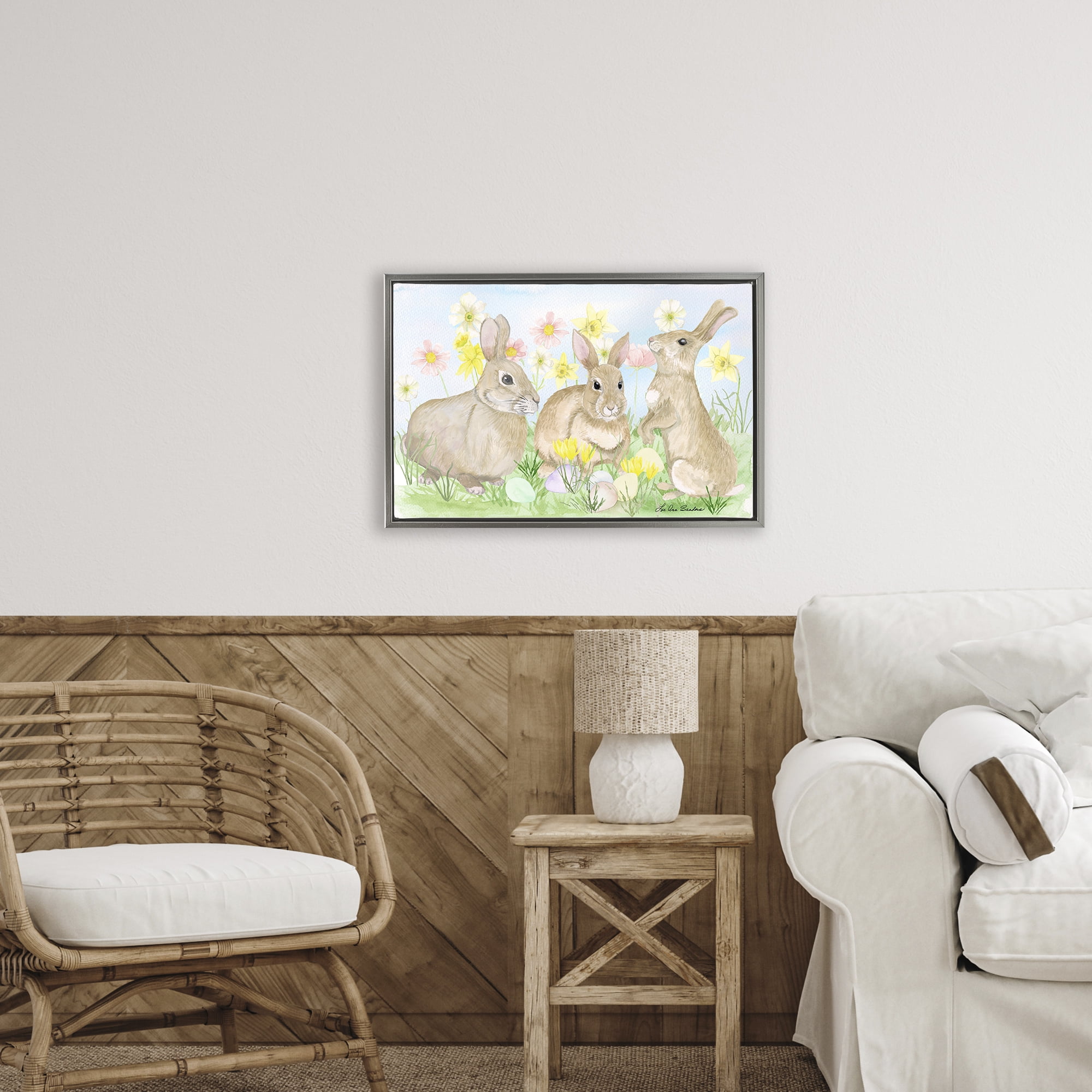 Three Bunnies In The Grass Gray Framed Floater Canvas Wall Art, design by Lee Ann Sanders